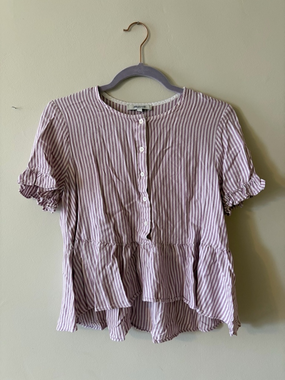 Madewell Lavender-White Striped Ruffle Sleeve Peplum Blouse